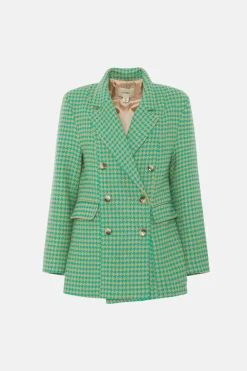 Clearance Oasis Double Breasted Houndstooth Check Coat Green
