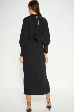 New Oasis Draped Crepe Button Detail Midi Dress Black