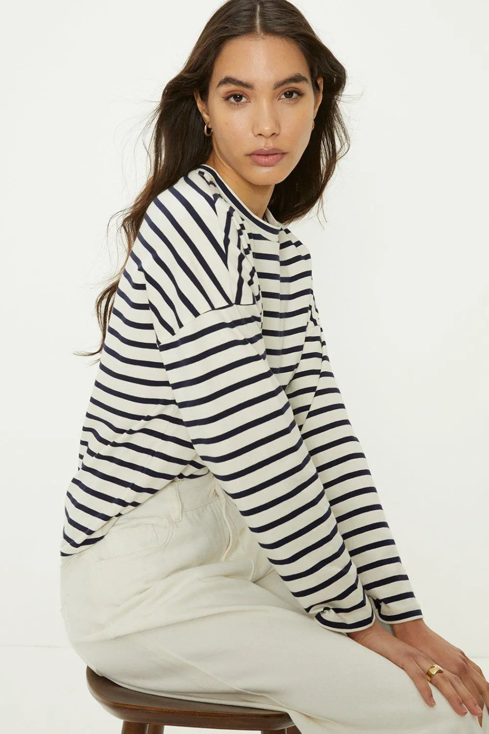 Sale Oasis Drop Shoulder Stripe Long Sleeve Top Navy