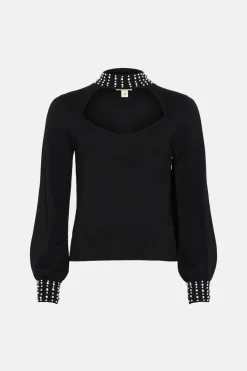 Hot Oasis Embellished Detail Sweetheart Jumper Black