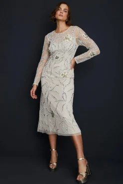 Sale Oasis Embellished Floral Sheer Column Midi Dress Nude
