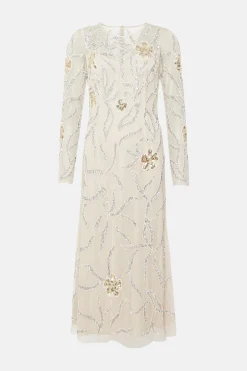 Sale Oasis Embellished Floral Sheer Column Midi Dress Nude
