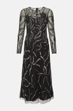 Clearance Oasis Embellished Floral Sheer Column Midi Dress Black