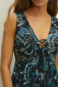 Fashion Oasis Embellished Paisley Lattice Maxi Dress Navy