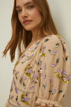 Sale Oasis Embellished Pretty Floral V Neck Maxi Dress Nude