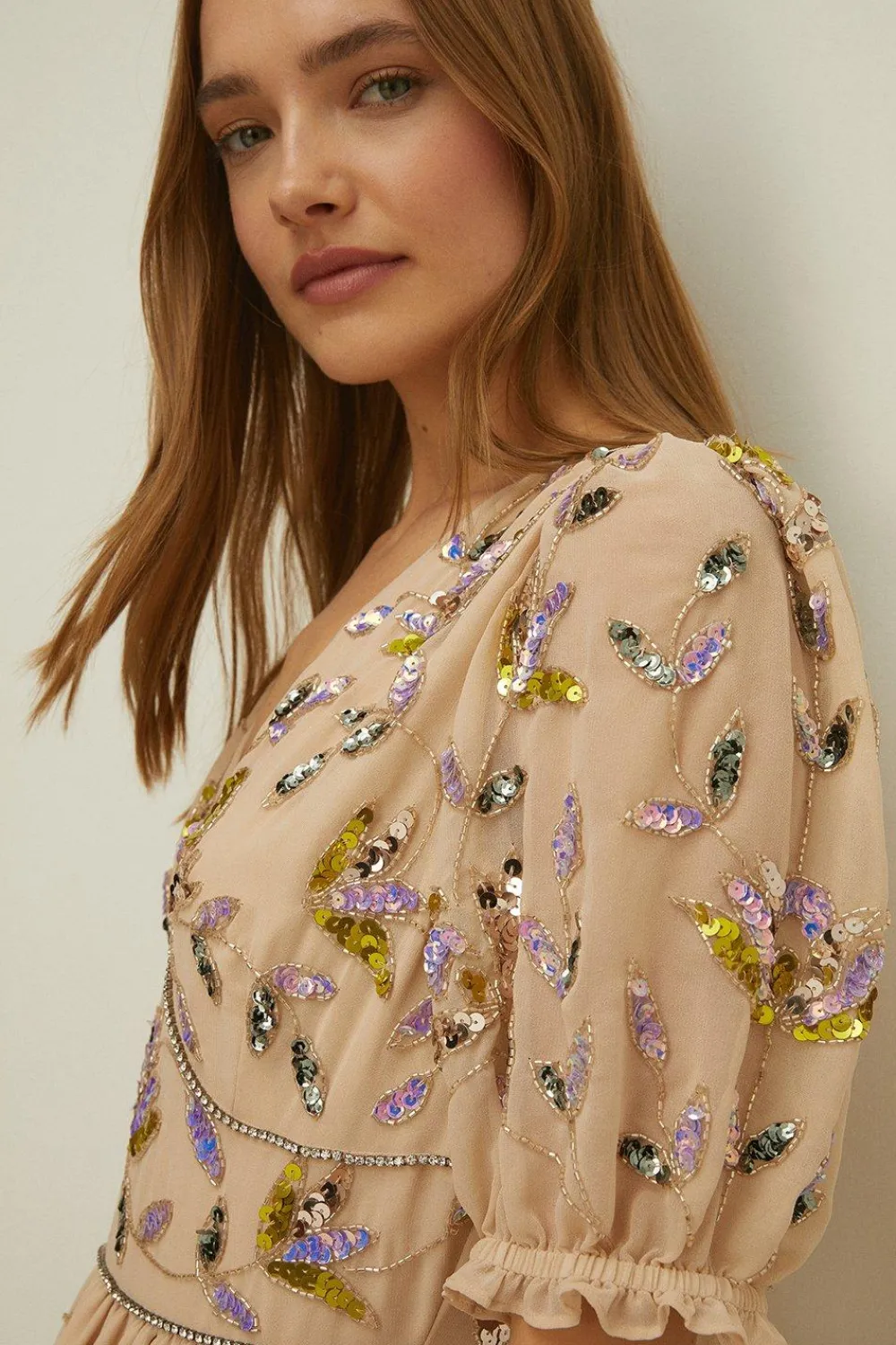 Sale Oasis Embellished Pretty Floral V Neck Maxi Dress Nude