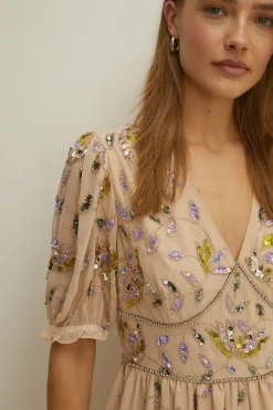 Fashion Oasis Embellished Pretty Floral V Neck Mini Dress Sage
