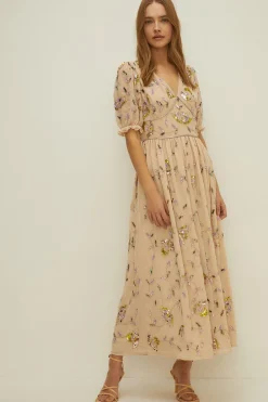 Sale Oasis Embellished Pretty Floral V Neck Maxi Dress Nude