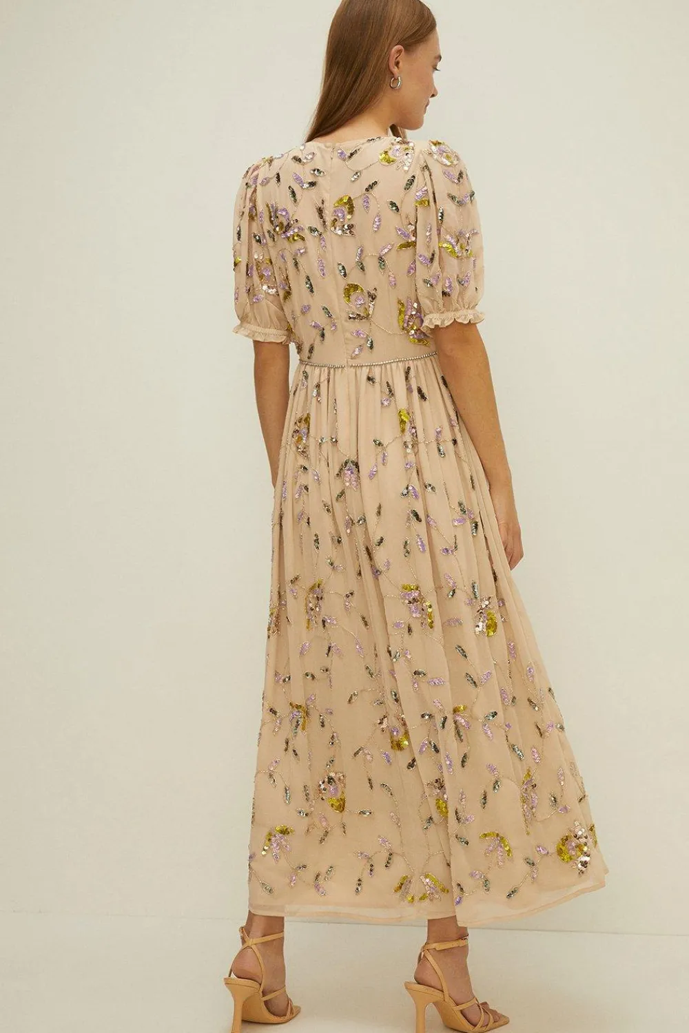 Sale Oasis Embellished Pretty Floral V Neck Maxi Dress Nude