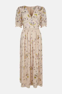 Sale Oasis Embellished Pretty Floral V Neck Maxi Dress Nude
