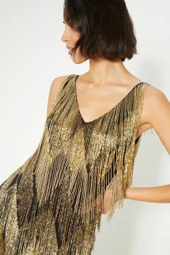 New Oasis Embellished Tassel Fringe Midi Dress Black