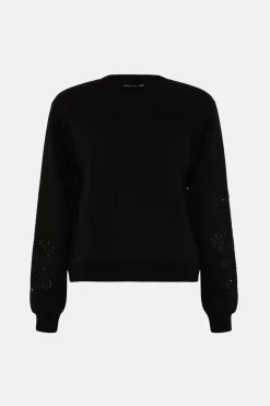 Best Oasis Embroidered Broderie Sleeve Sweatshirt Black