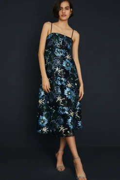 Hot Oasis Embroidered Floral Mesh Strappy Midi Dress Black