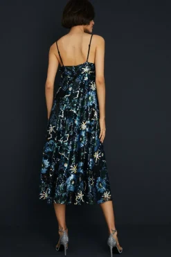 Hot Oasis Embroidered Floral Mesh Strappy Midi Dress Black