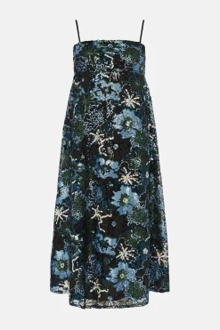 Hot Oasis Embroidered Floral Mesh Strappy Midi Dress Black
