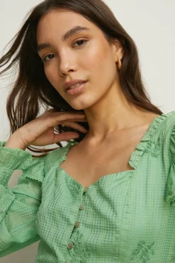 Online Oasis Embroidered Ruffle Tea Blouse Apple Green