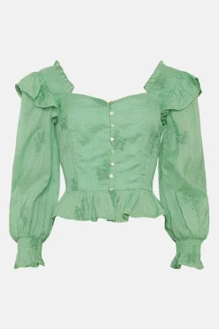 Online Oasis Embroidered Ruffle Tea Blouse Apple Green