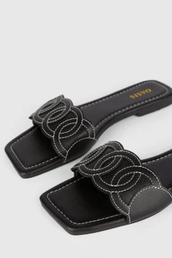 Hot Oasis Embroidered Square Toe Slides Black