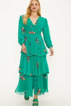 Clearance Oasis Embroidered Tiered Ruffle Wrap Midi Dress Green