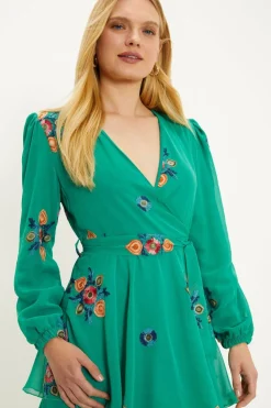 Clearance Oasis Embroidered Tiered Ruffle Wrap Midi Dress Green