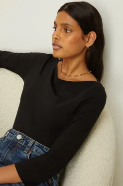 Hot Oasis Essential Cotton 3/4 Sleeve Slash Neck Jersey Top Black