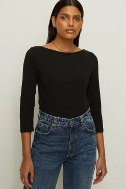 Hot Oasis Essential Cotton 3/4 Sleeve Slash Neck Jersey Top Black