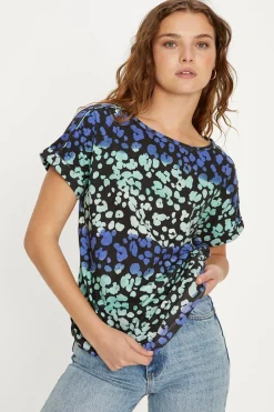 Sale Oasis Essential Cotton Animal Roll Sleeve Slub T-Shirt Blue