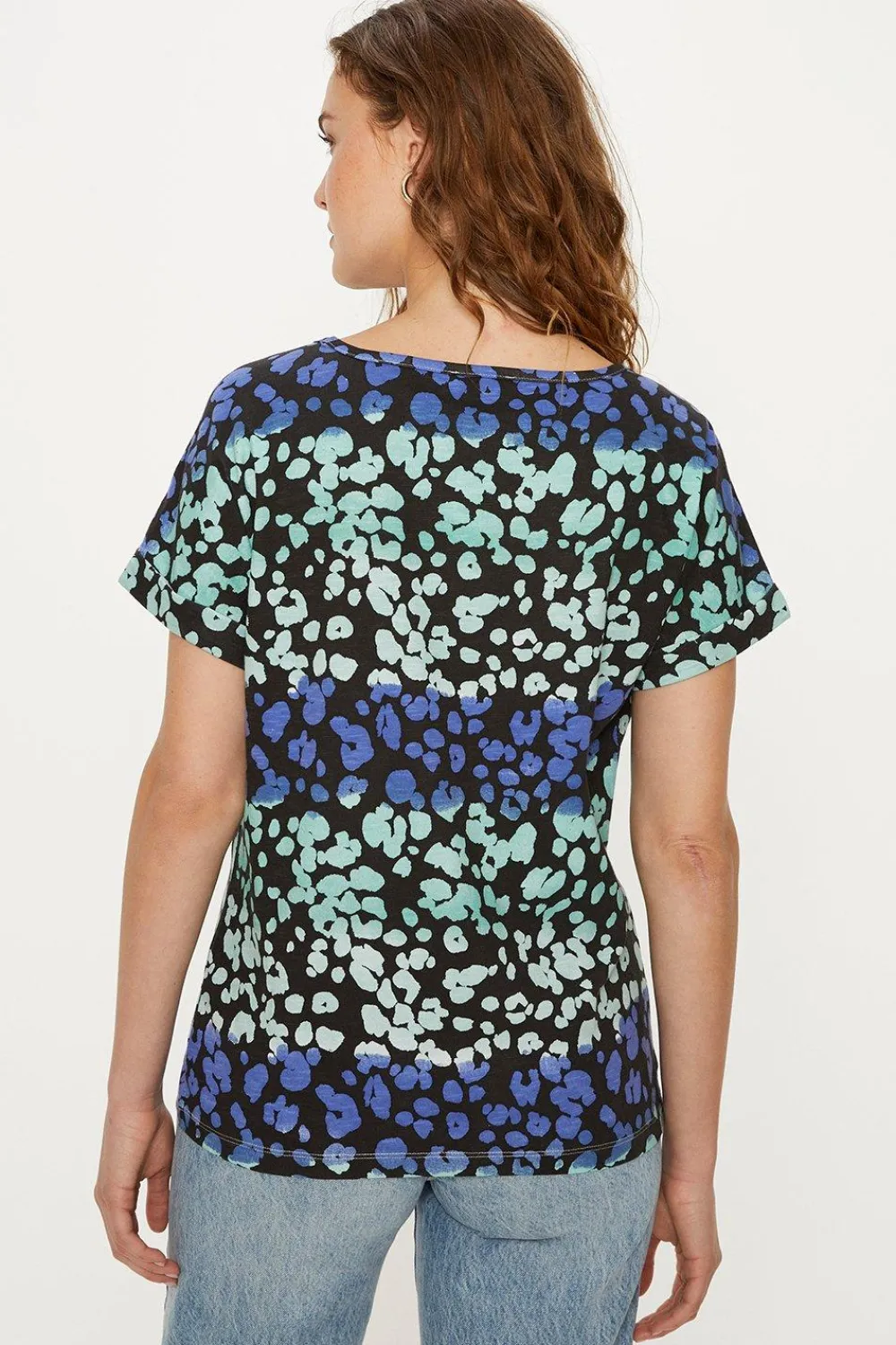 Sale Oasis Essential Cotton Animal Roll Sleeve Slub T-Shirt Blue