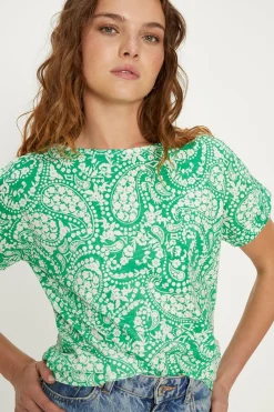 Online Oasis Essential Cotton Paisley Floral Roll Sleeve Slub T-Shirt Green