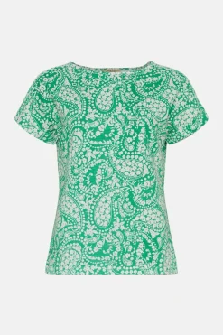 Online Oasis Essential Cotton Paisley Floral Roll Sleeve Slub T-Shirt Green