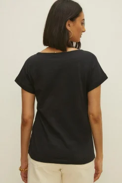 Outlet Oasis Essential Cotton Slub Roll Sleeve T-Shirt Black