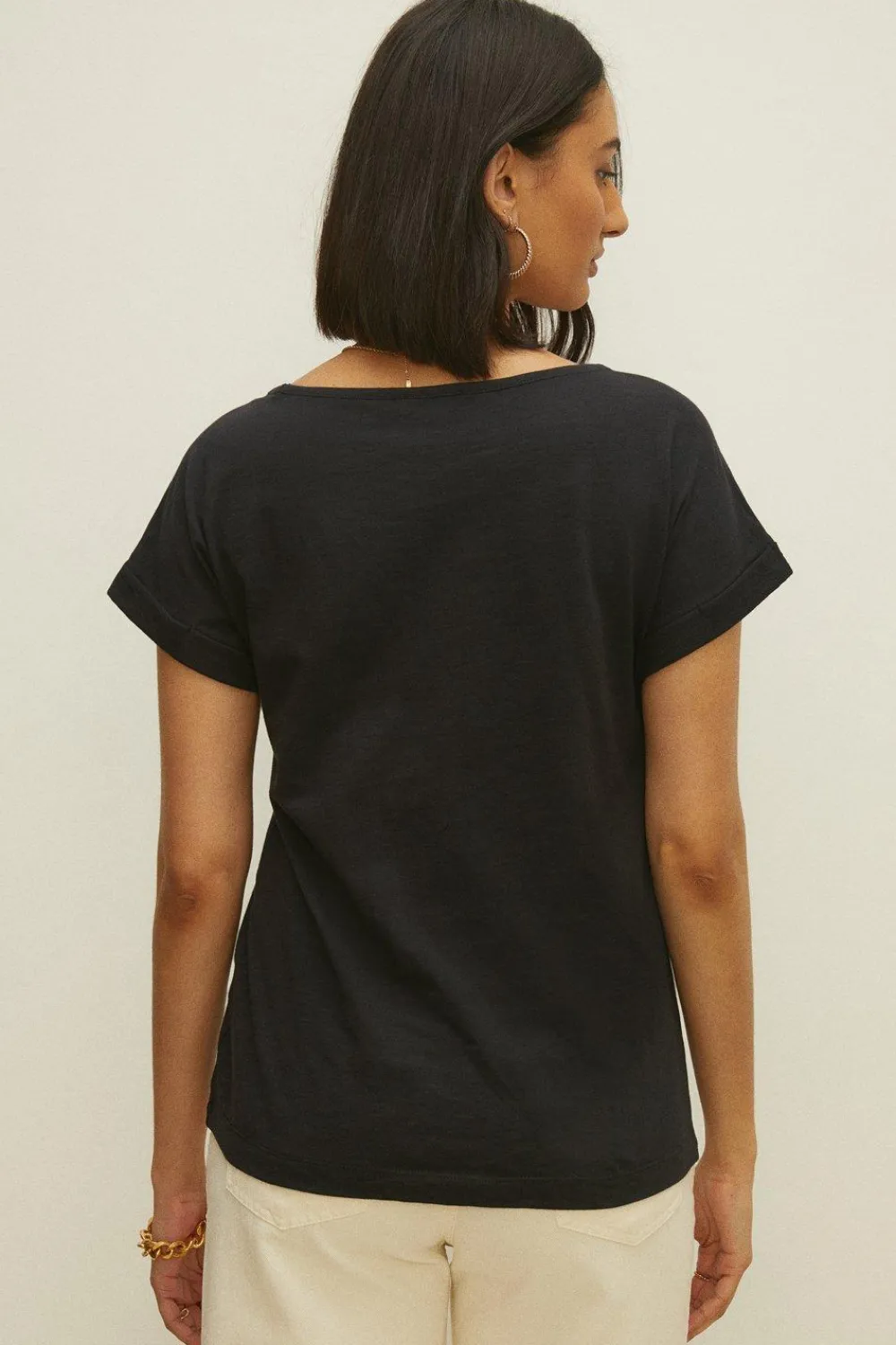 Outlet Oasis Essential Cotton Slub Roll Sleeve T-Shirt Black