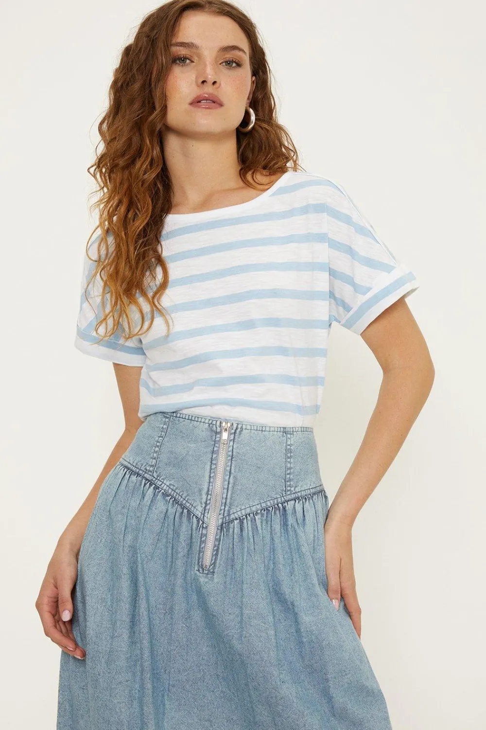Hot Oasis Essential Cotton Stripe Roll Sleeve Slub T-Shirt Green