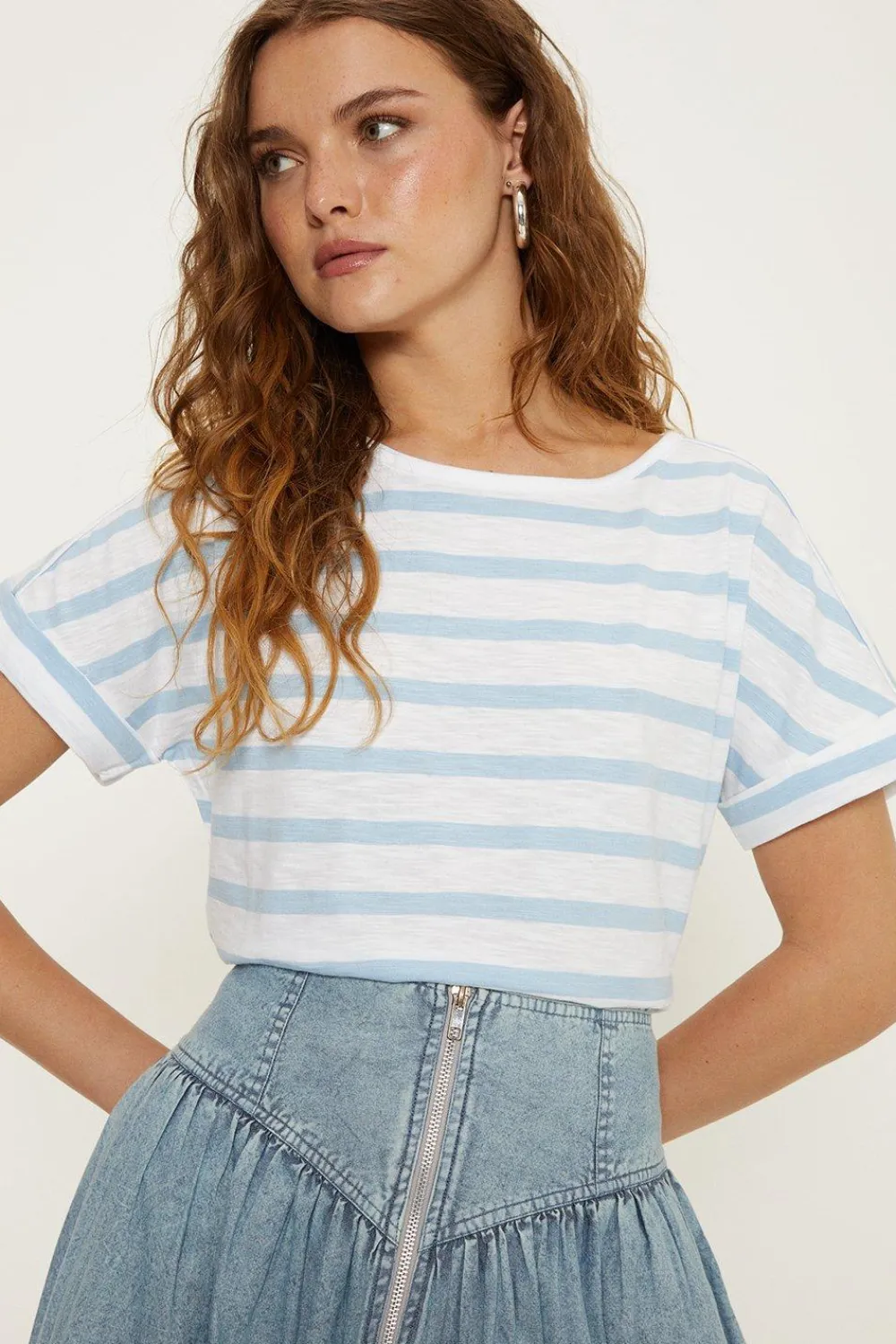 Hot Oasis Essential Cotton Stripe Roll Sleeve Slub T-Shirt Green