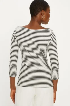 New Oasis Essential Cotton Stripe Slash Neck ¾ Sleeve Top Navy