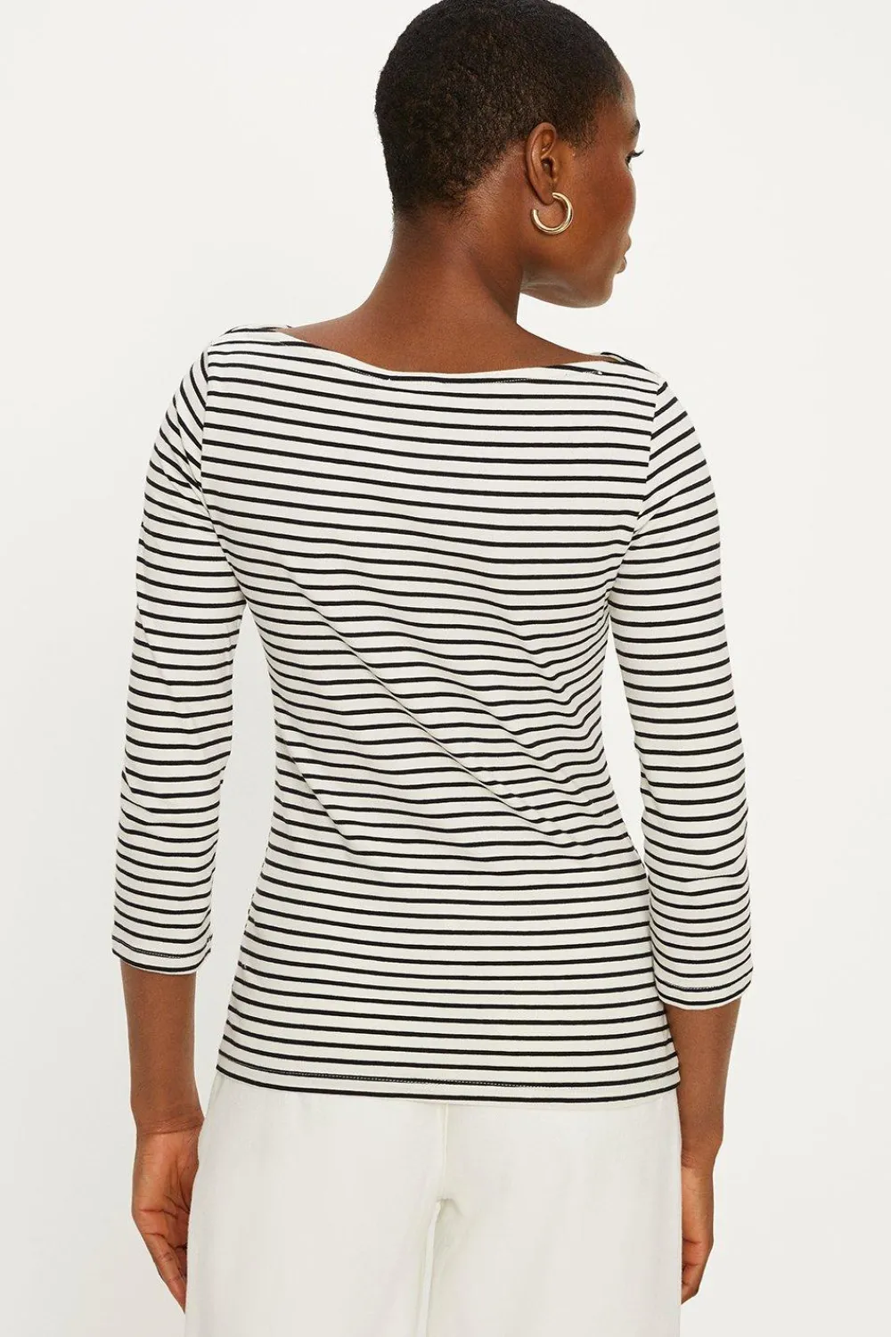 New Oasis Essential Cotton Stripe Slash Neck ¾ Sleeve Top Navy
