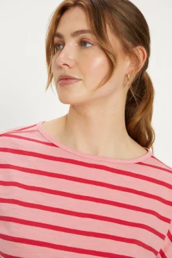 New Oasis Essential Cotton Tonal Stripe Roll Sleeve Slub T-Shirt Pink