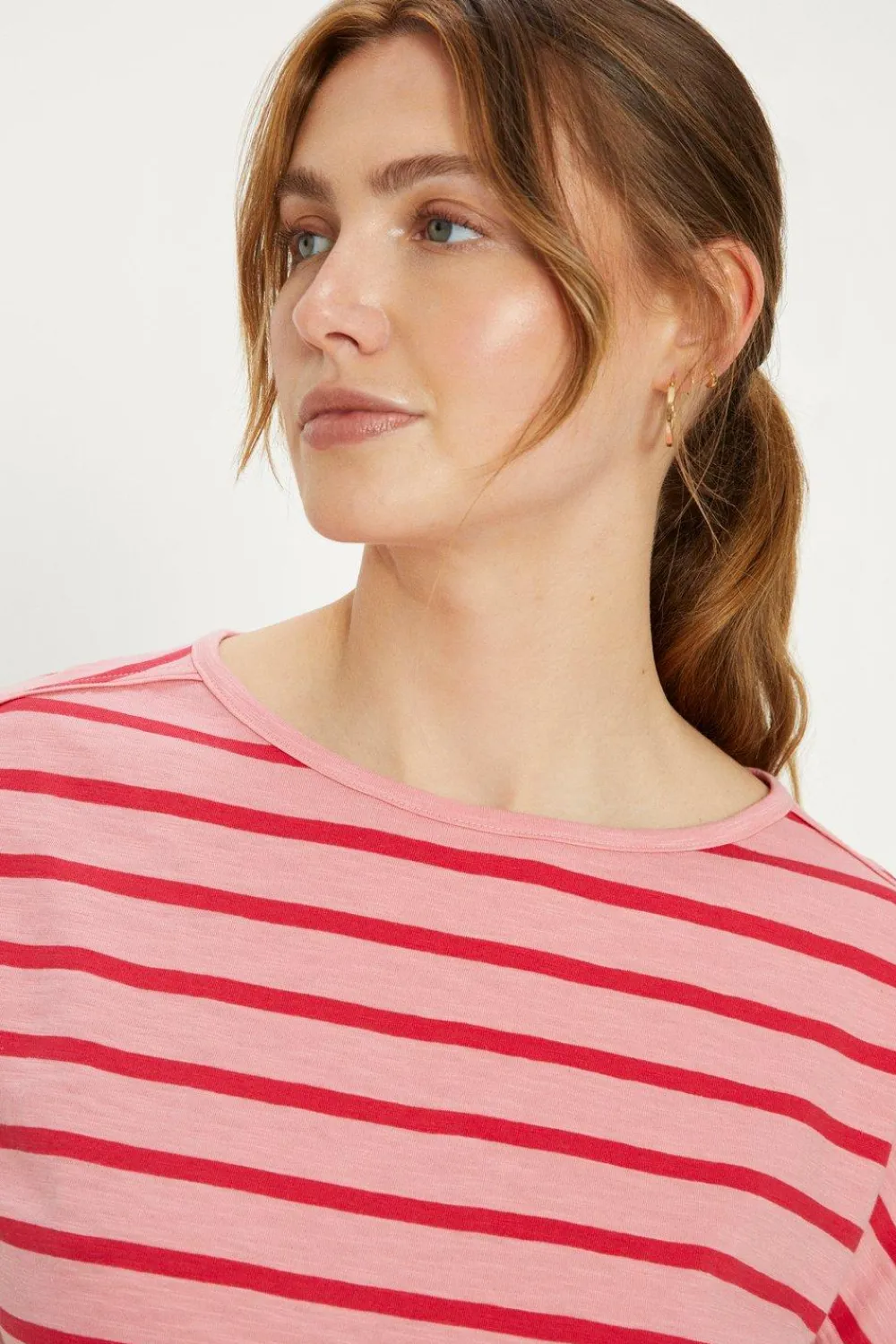 New Oasis Essential Cotton Tonal Stripe Roll Sleeve Slub T-Shirt Pink