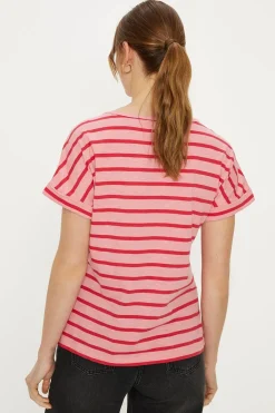 New Oasis Essential Cotton Tonal Stripe Roll Sleeve Slub T-Shirt Pink