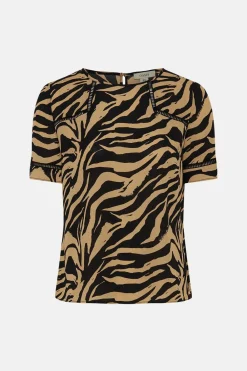 Best Oasis Essential Lace Insert Zebra Woven Tee Tan