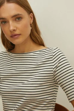 Clearance Oasis Essential Stripe Cotton Slash Neck Top Navy