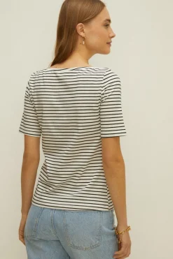 Clearance Oasis Essential Stripe Cotton Slash Neck Top Navy