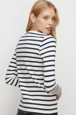 Outlet Oasis Essential Stripe Crew Neck T-Shirt Navy