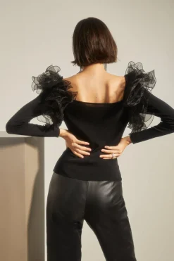 Fashion Oasis Extreme Organza Sweetheart Neck Bardot Knit Top Black