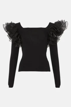 Fashion Oasis Extreme Organza Sweetheart Neck Bardot Knit Top Black