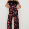 Fashion Oasis Faux Feather Detail Bardot Jumpsuit Multi