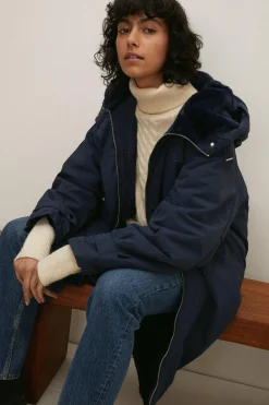 Hot Oasis Faux Fur Longline Coat Navy