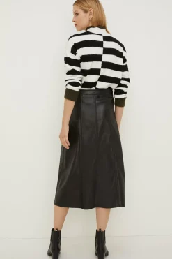 Hot Oasis Faux Leather Button Detail Midi Skirt Black