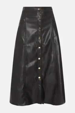 Hot Oasis Faux Leather Button Detail Midi Skirt Black