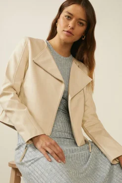 Discount Oasis Faux Leather Collarless Jacket Cream